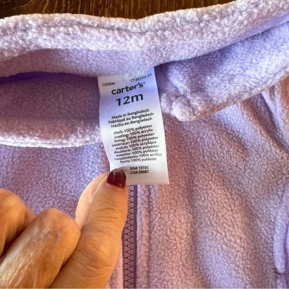 NWT Carter's super soft lavender polar fleece jacket 12mos - Picture 4 of 9